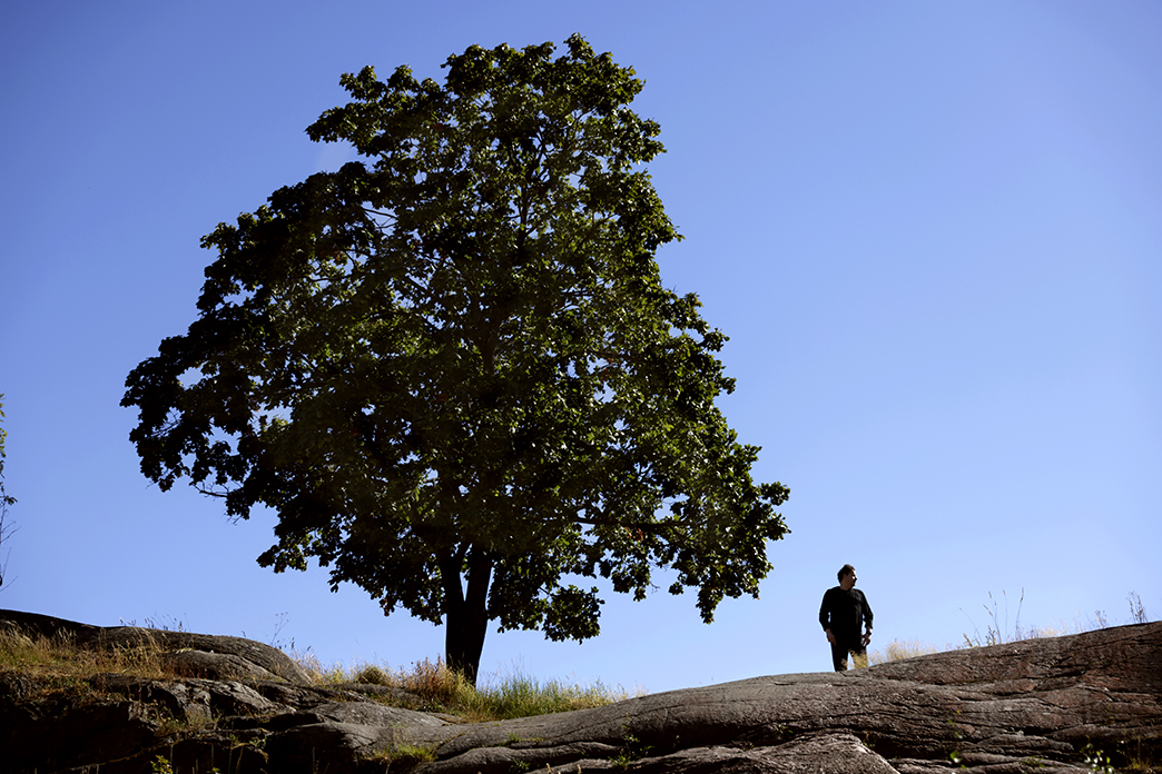 Haastateltava Kalle Haatanen kuvattuna seisomassa puun vieressä kalliolla.