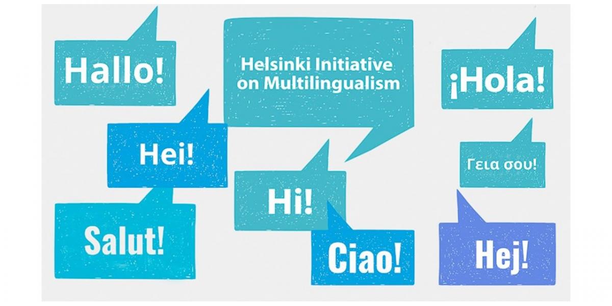 Piirroskuva, jossa puhekuplissa lukee Helsinki initiative on multilingualism sekä tervehdys hei monella eri kielellä.