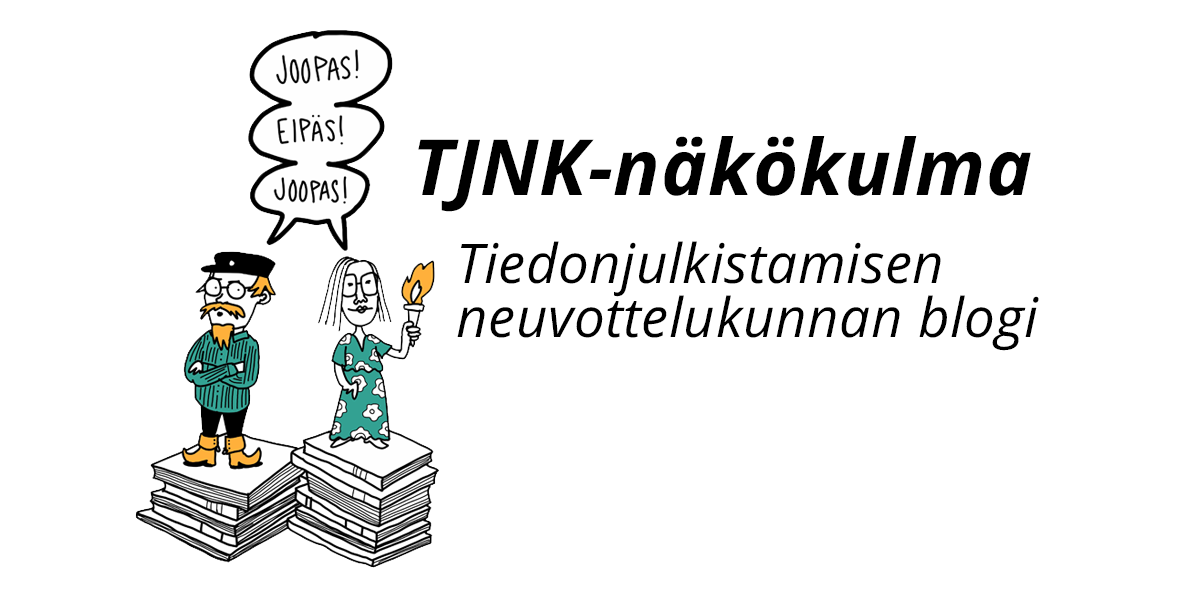 Piirretyt mies ja nainen kinastelevat juupas-eipäs. Vieressä teksti: TJNK-näkökulma. Tiedonjulkistamisen neuvottelukunnan blogi.