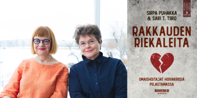 Sirpa Puhakka ja Sari Tiiro (kaksi naista kuvassa), kirjan kansi Rakkauden riekaleita: omaishoitajat hoivakriisiä pelastamassa (kannessa on kahtia murskautunut punainen sydän) (Rosebud) 
